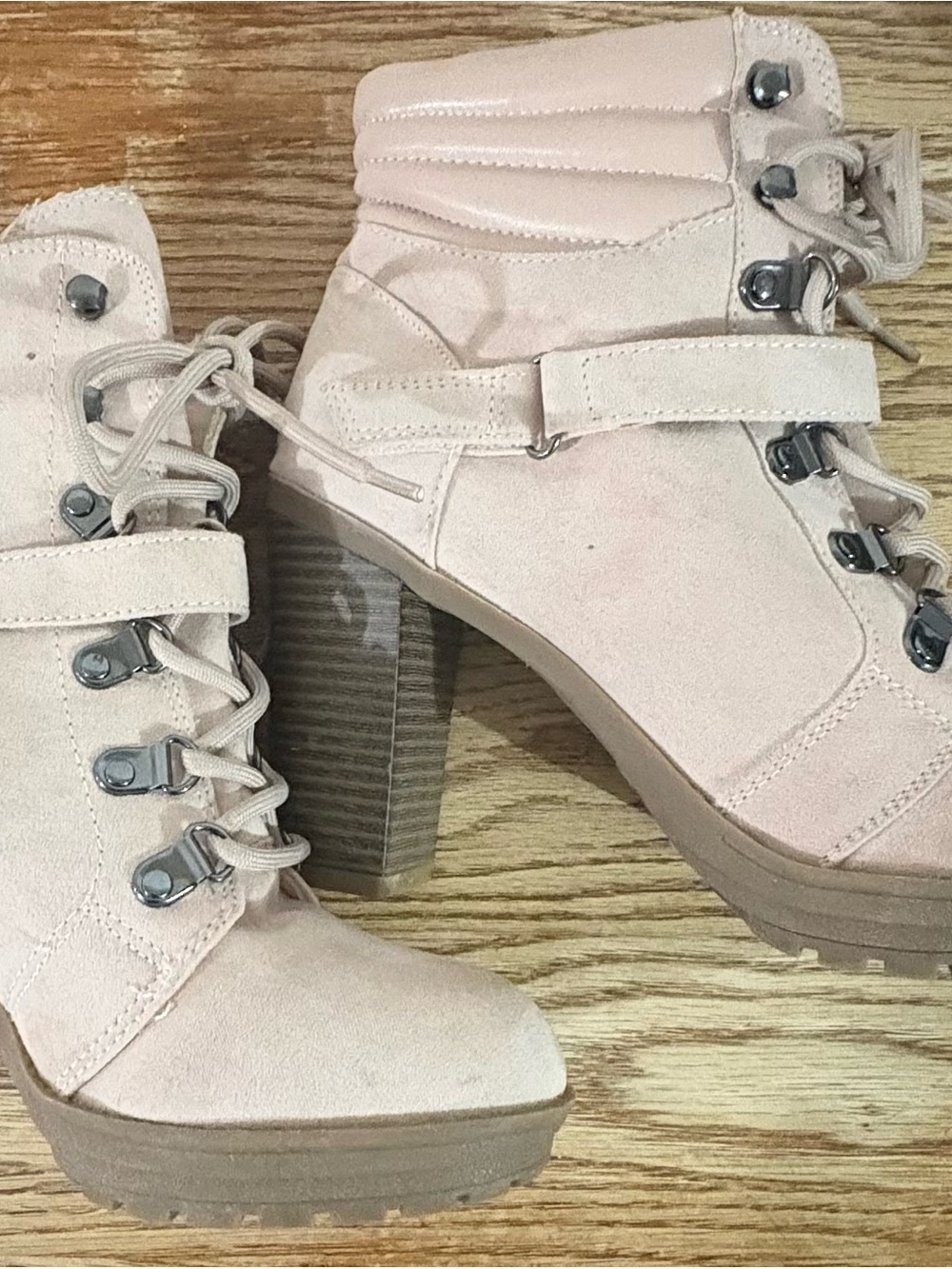 Blush Suede Lace-Up Platform Block Heel Ankle Boots